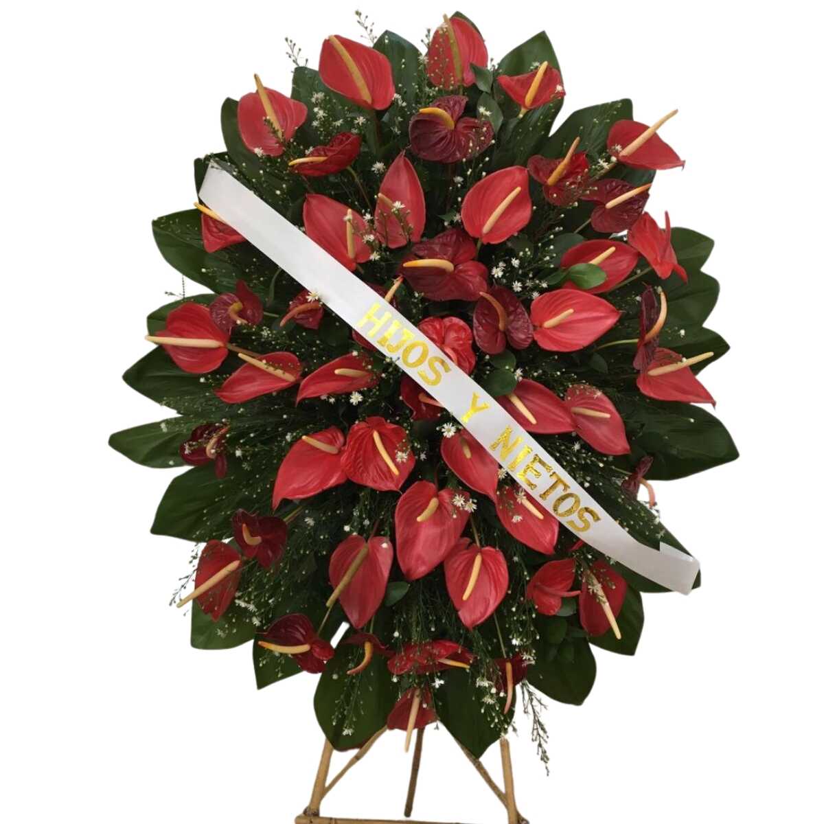 Corona fúnebre de anturios rojos elegante
