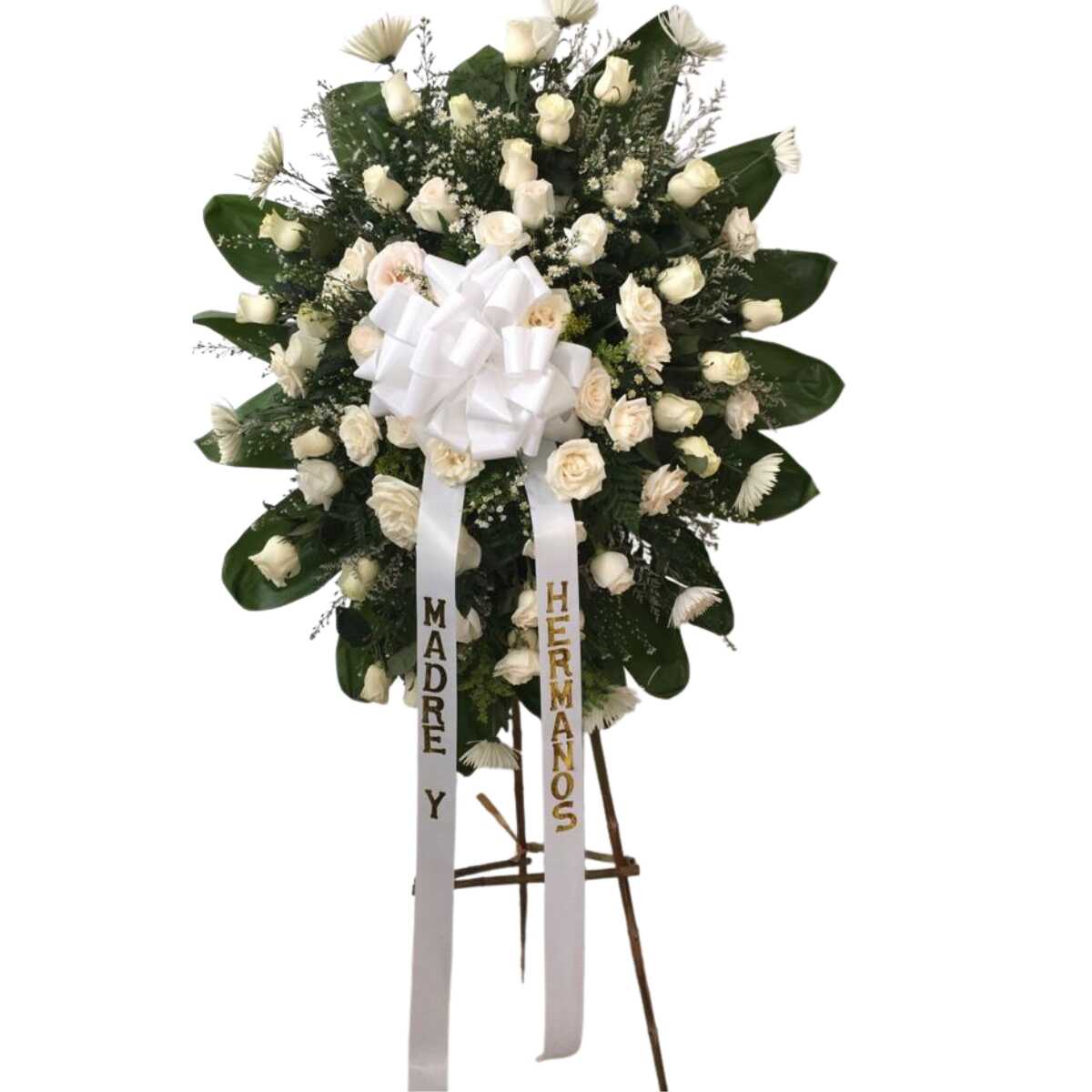 Corona fúnebre blanca con moño central elegante