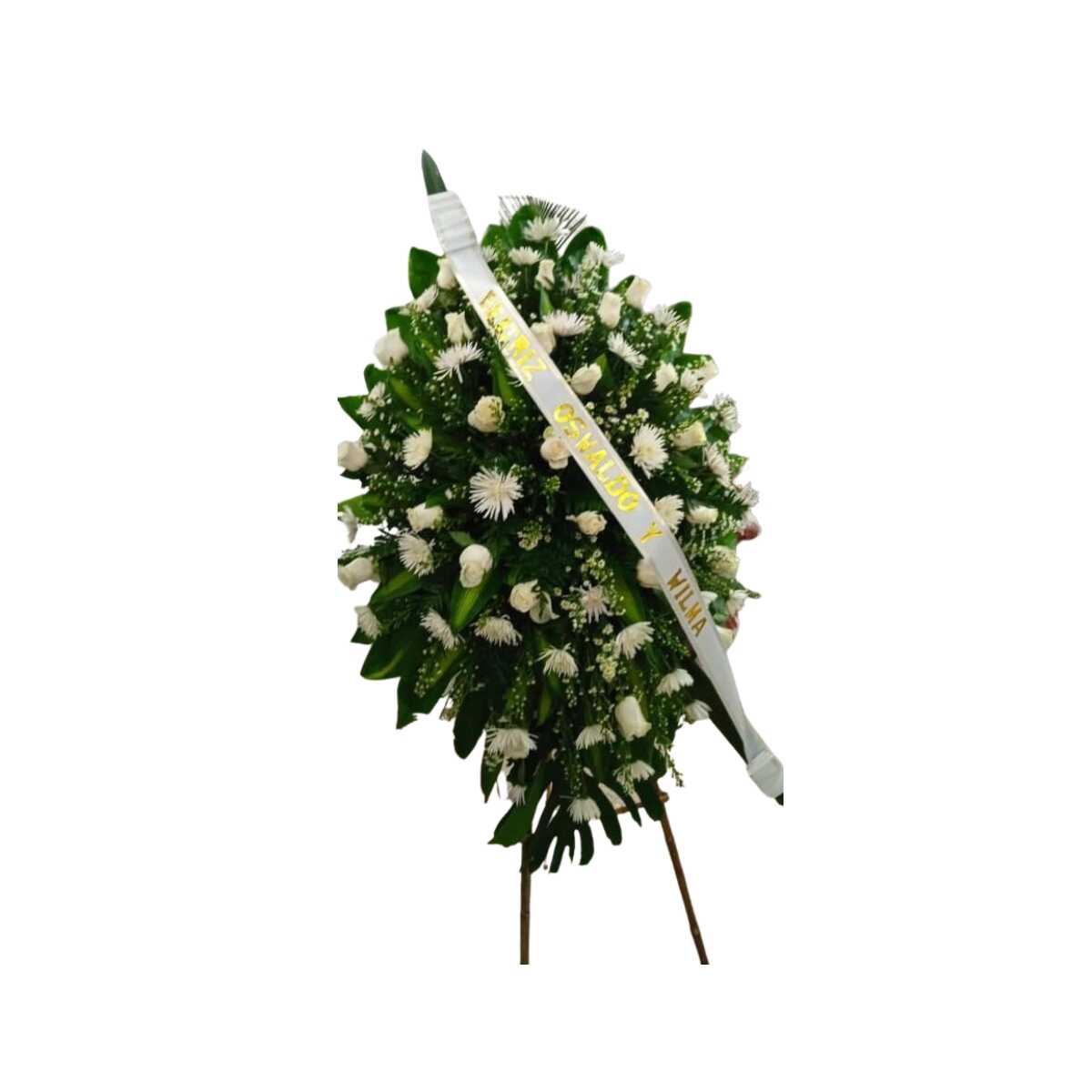 Corona fúnebre blanca ovalada de rosas y crisantemos
