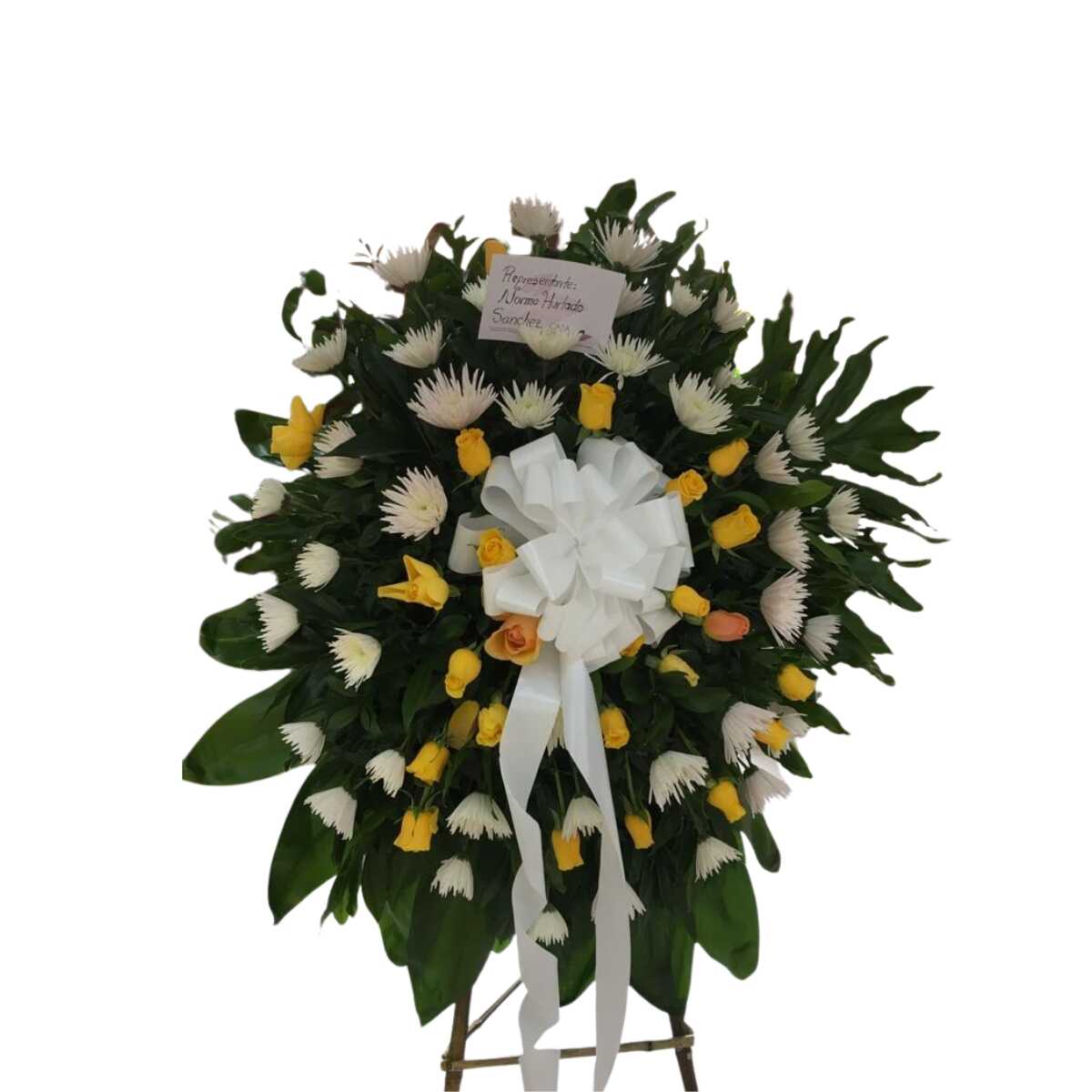 Corona fúnebre blanca y amarilla con rosas