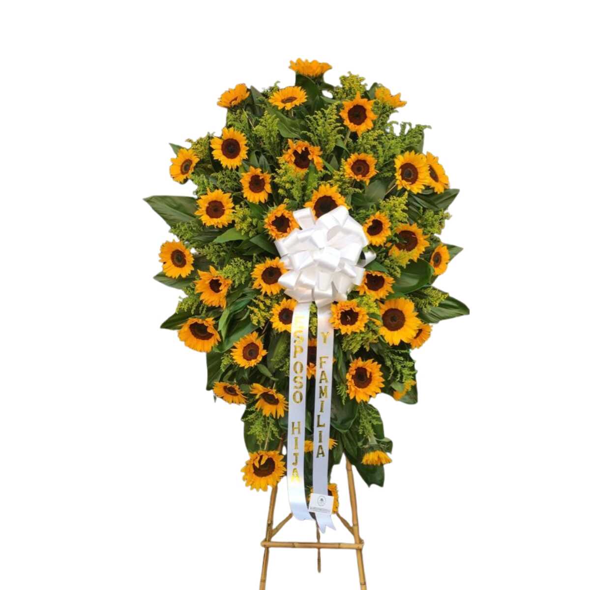 Corona fúnebre con girasoles y flores amarillas