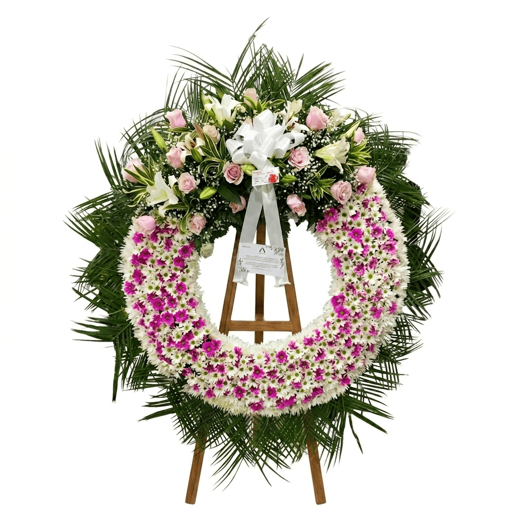 Corona fúnebre elegante blanca y rosada con lirios