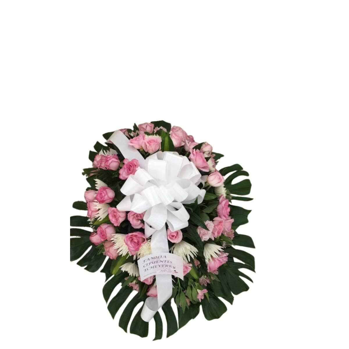 Corona fúnebre de rosas rosadas con moño