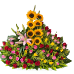 Arreglo de cumpleaños con girasoles y rosas multicolor en Cali