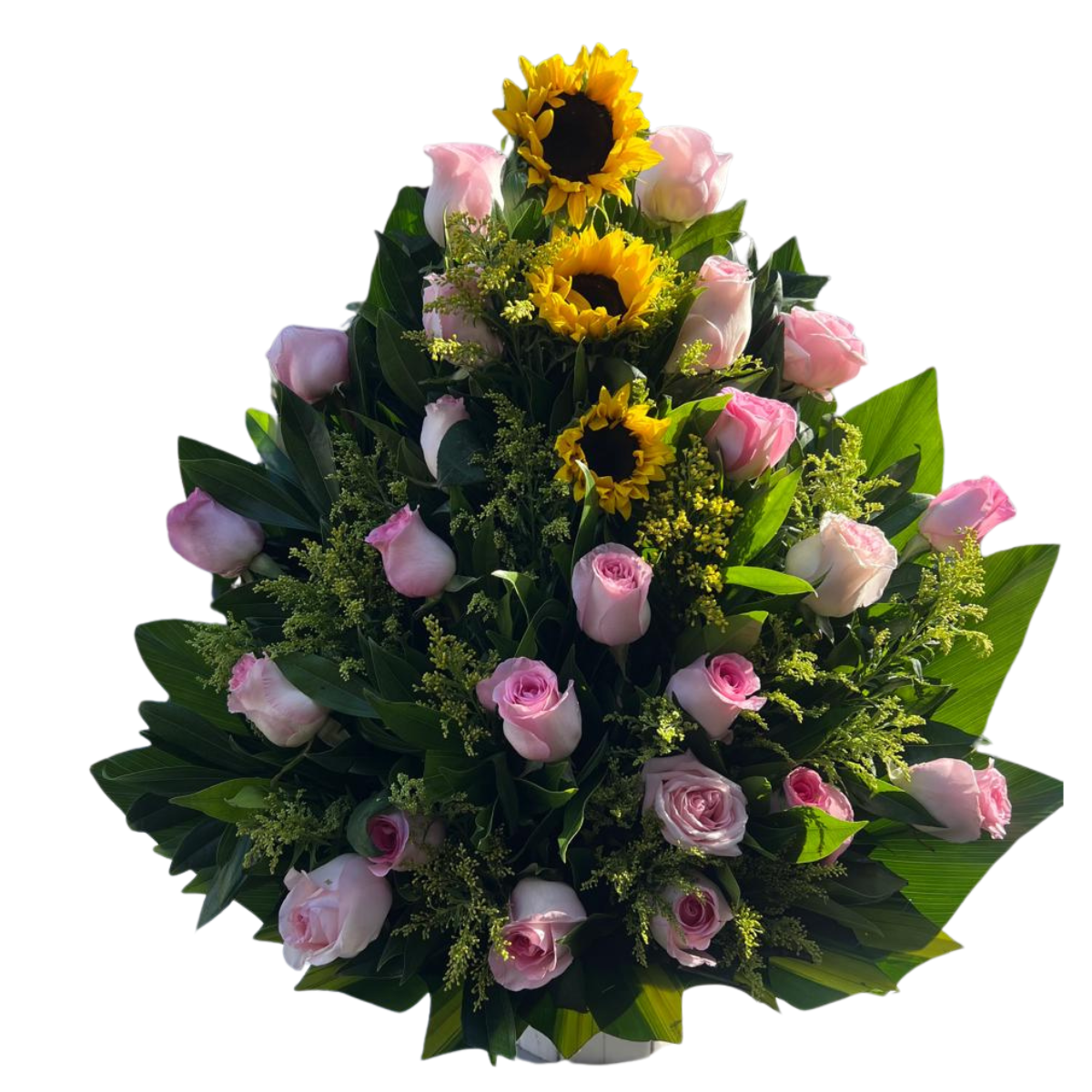 Arreglo de cumpleaños con rosas rosadas y girasoles en Cali