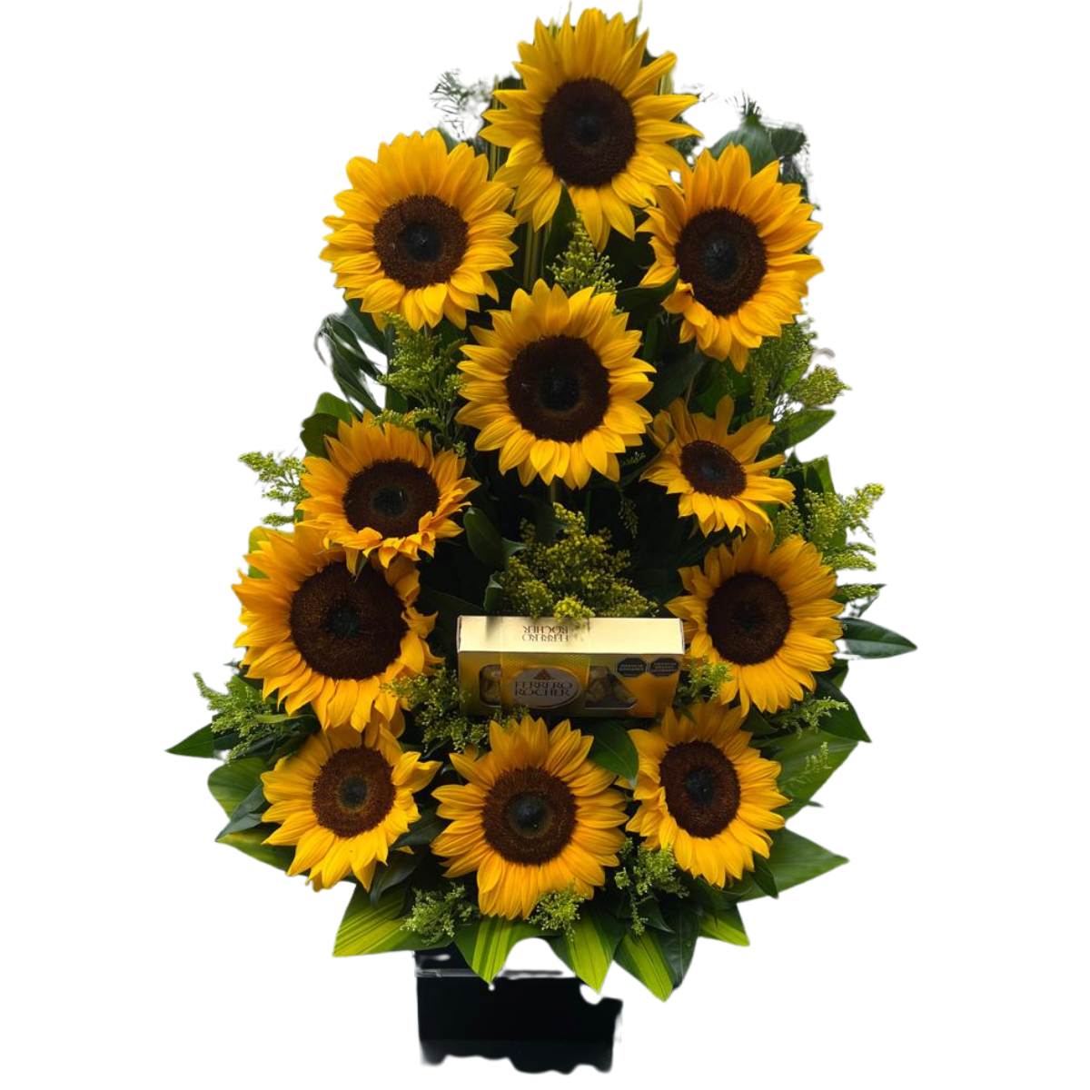 Arreglo de girasoles amarillos con chocolates Ferrero Rocher