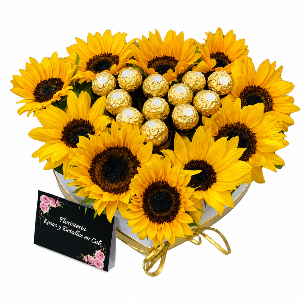 Arreglo de girasoles amarillos con chocolates en caja decorativa