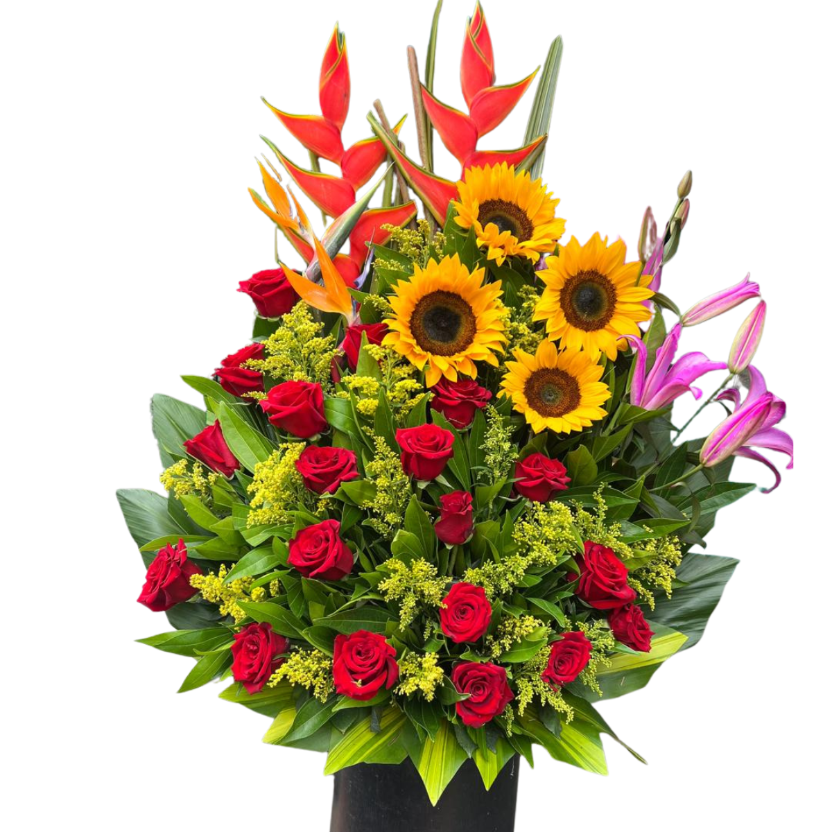 Arreglo de girasoles y rosas rojas para cumpleaños
