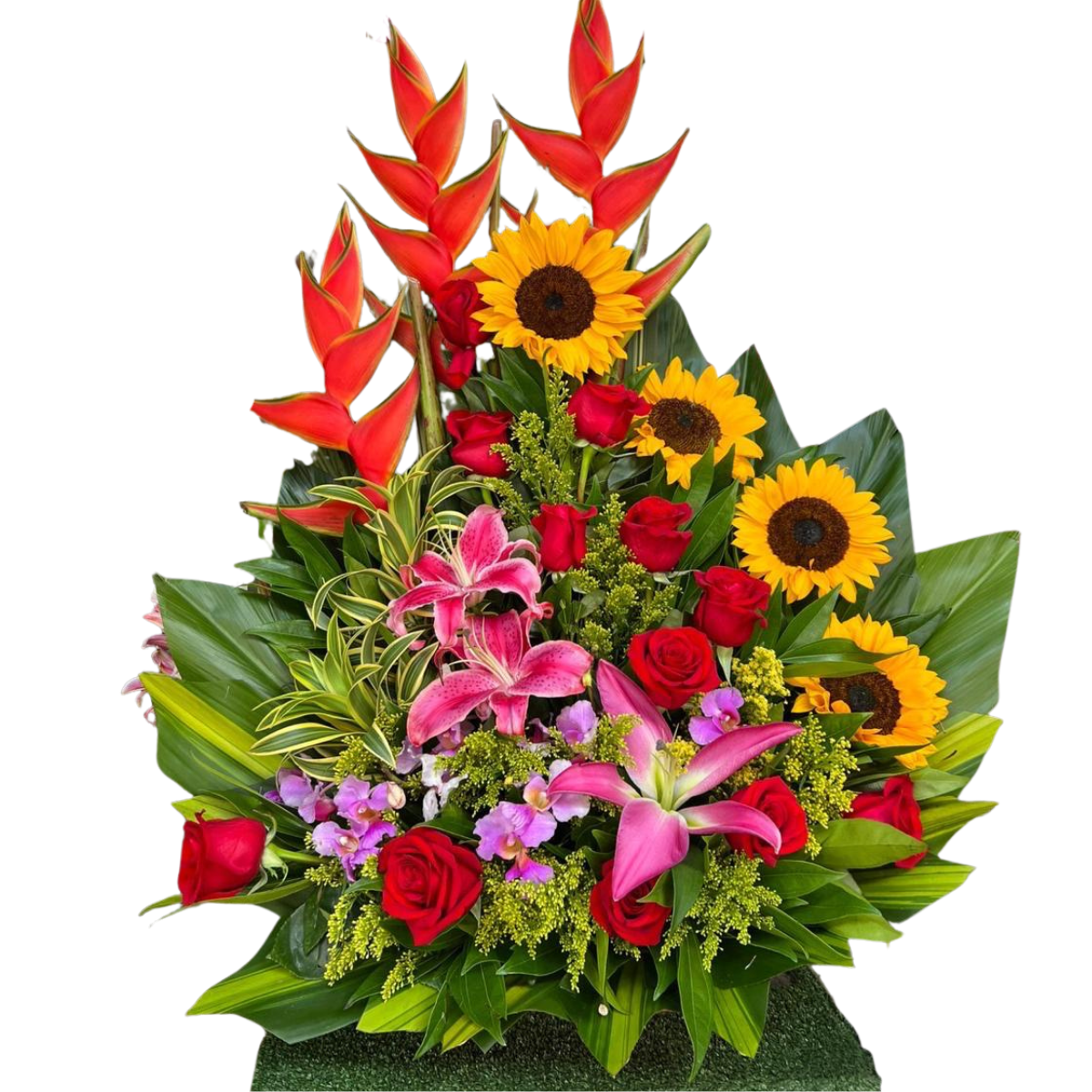 arreglo-girasoles-rosas-flores-tropicales-cumpleanos Arreglo de girasoles rosas rojas lirios y flores tropicales para cumpleaños