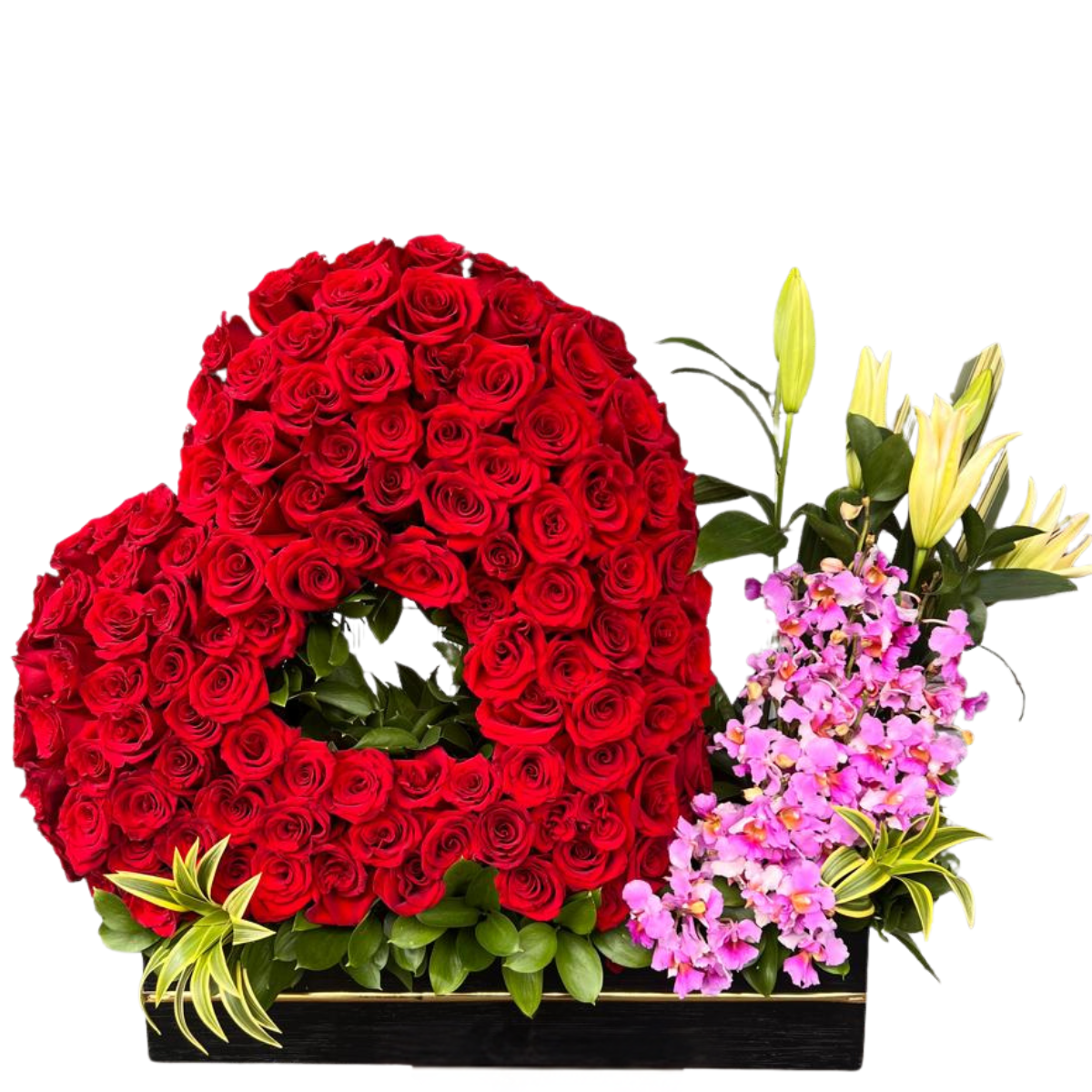 arreglo-premium-cumpleanos-rosas-rojas-cali Arreglo premium de cumpleaños con rosas rojas, orquídeas y lirios en Cali