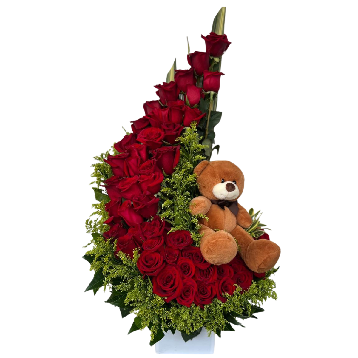 Arreglo de rosas rojas con osito de peluche para cumpleaños en Cali