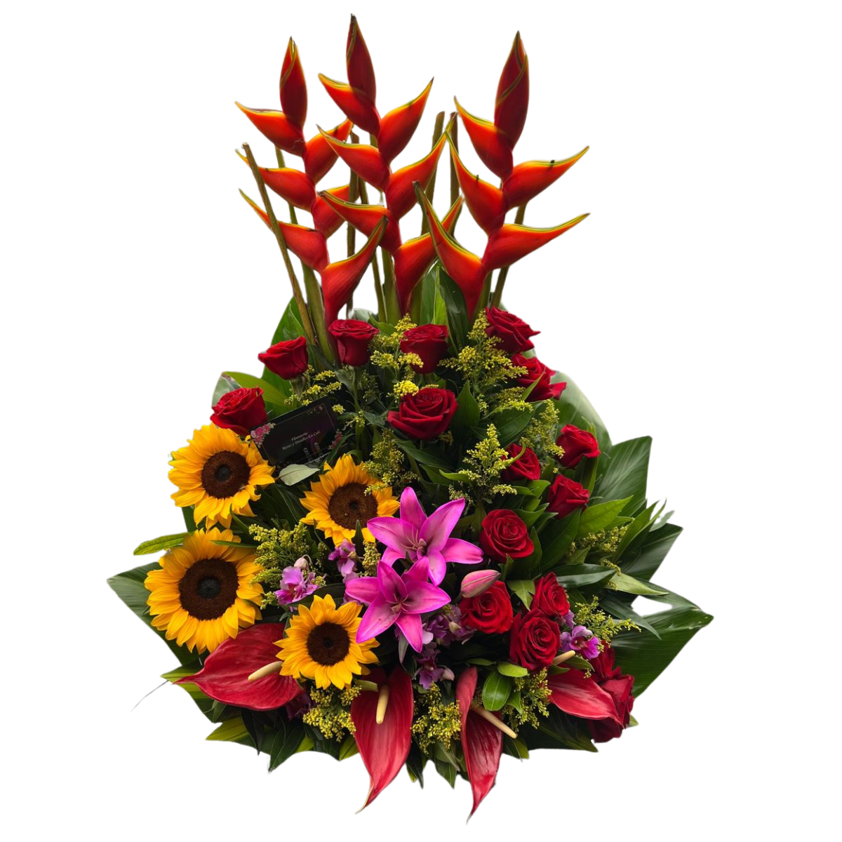 Arreglo tropical de cumpleaños con rosas rojas y girasoles en Cali