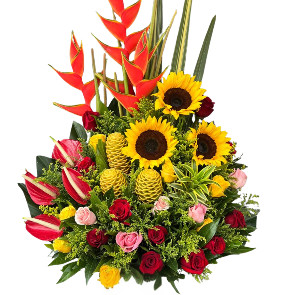 Arreglo tropical de girasoles y rosas para cumpleaños en Cali
