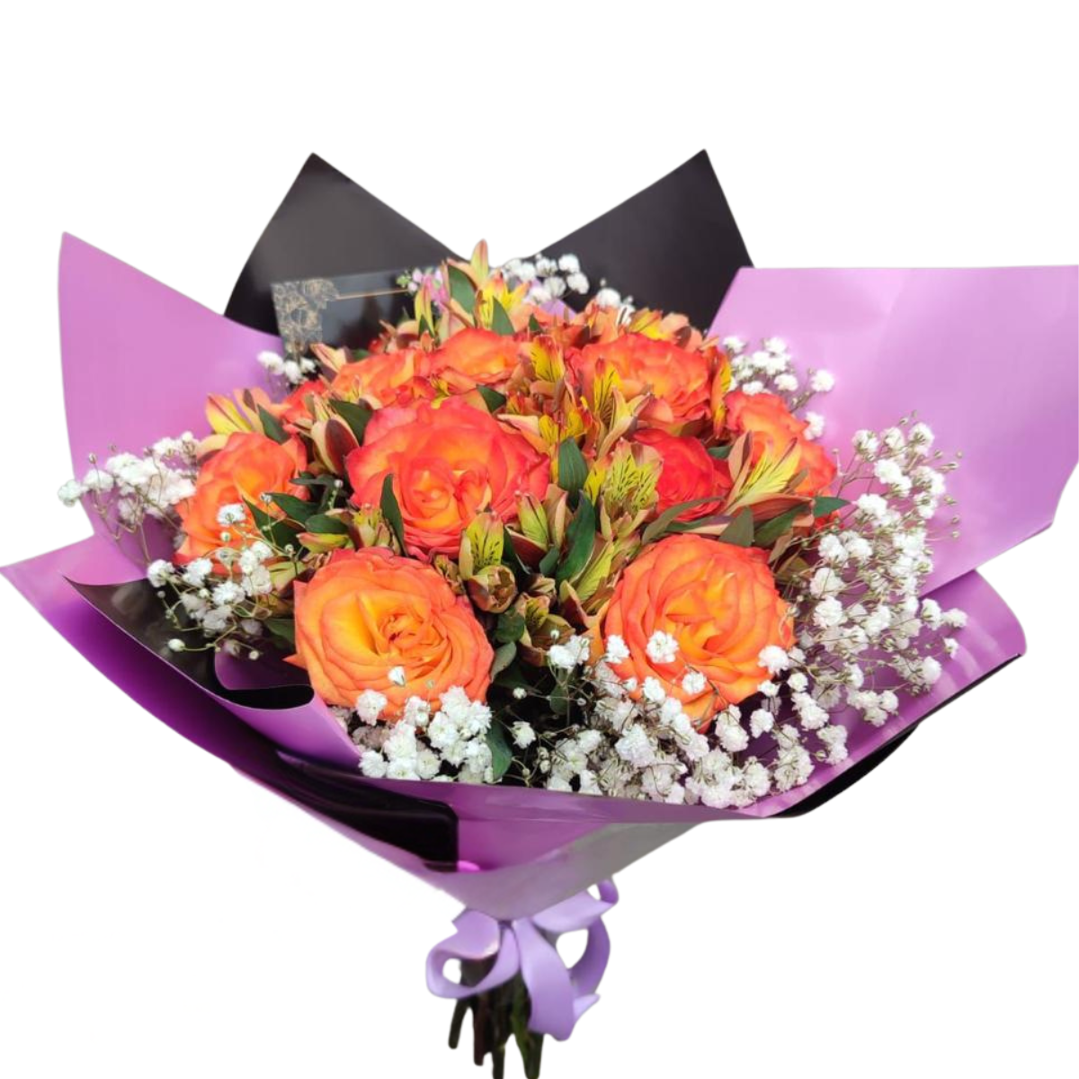 bouquet-de-rosas-naranjas-cali Bouquet de rosas naranjas con alstroemerias y gypsophila en Cali