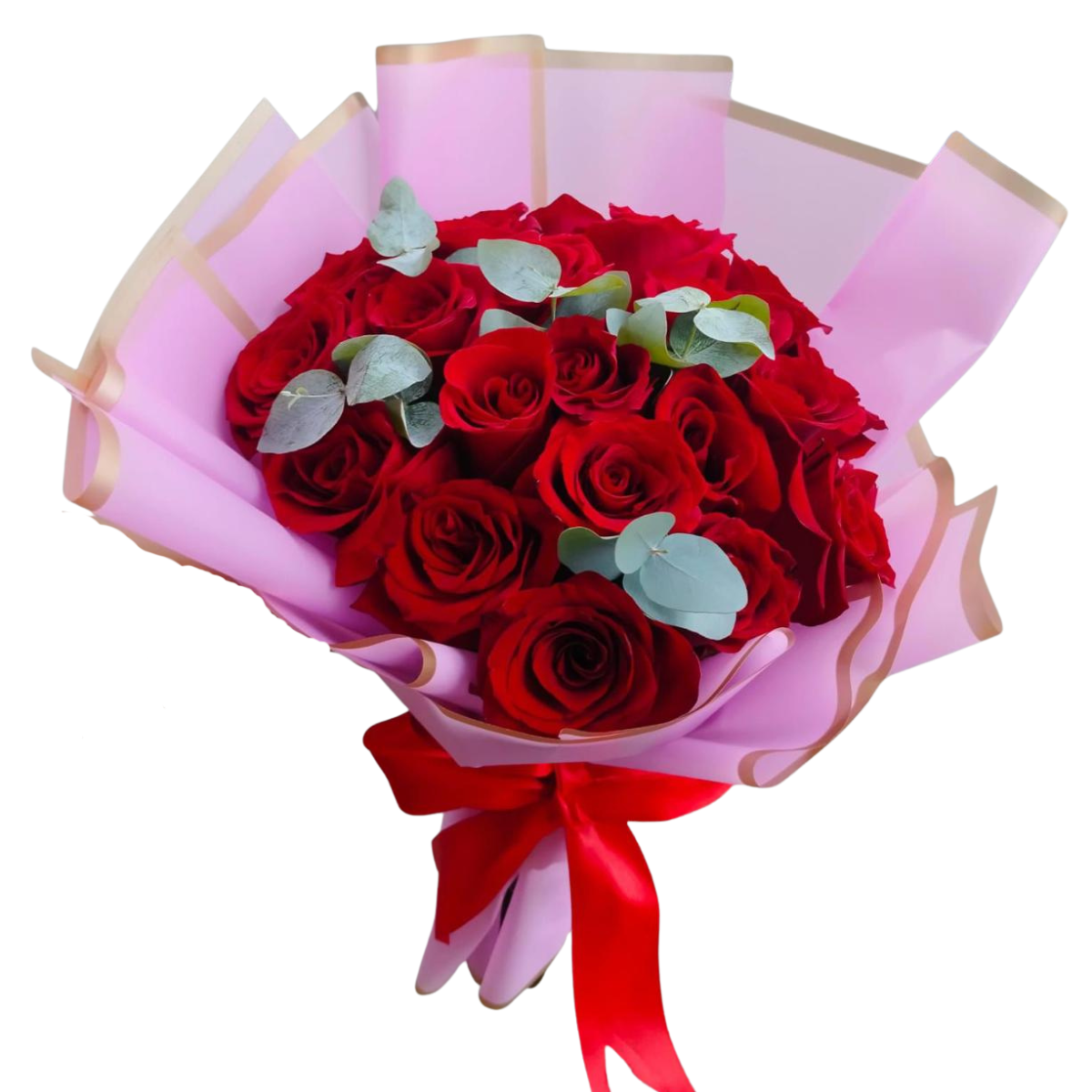bouquet-de-rosas-rojas-con-eucalipto-cali Bouquet de rosas rojas con eucalipto y envoltura rosada en Cali
