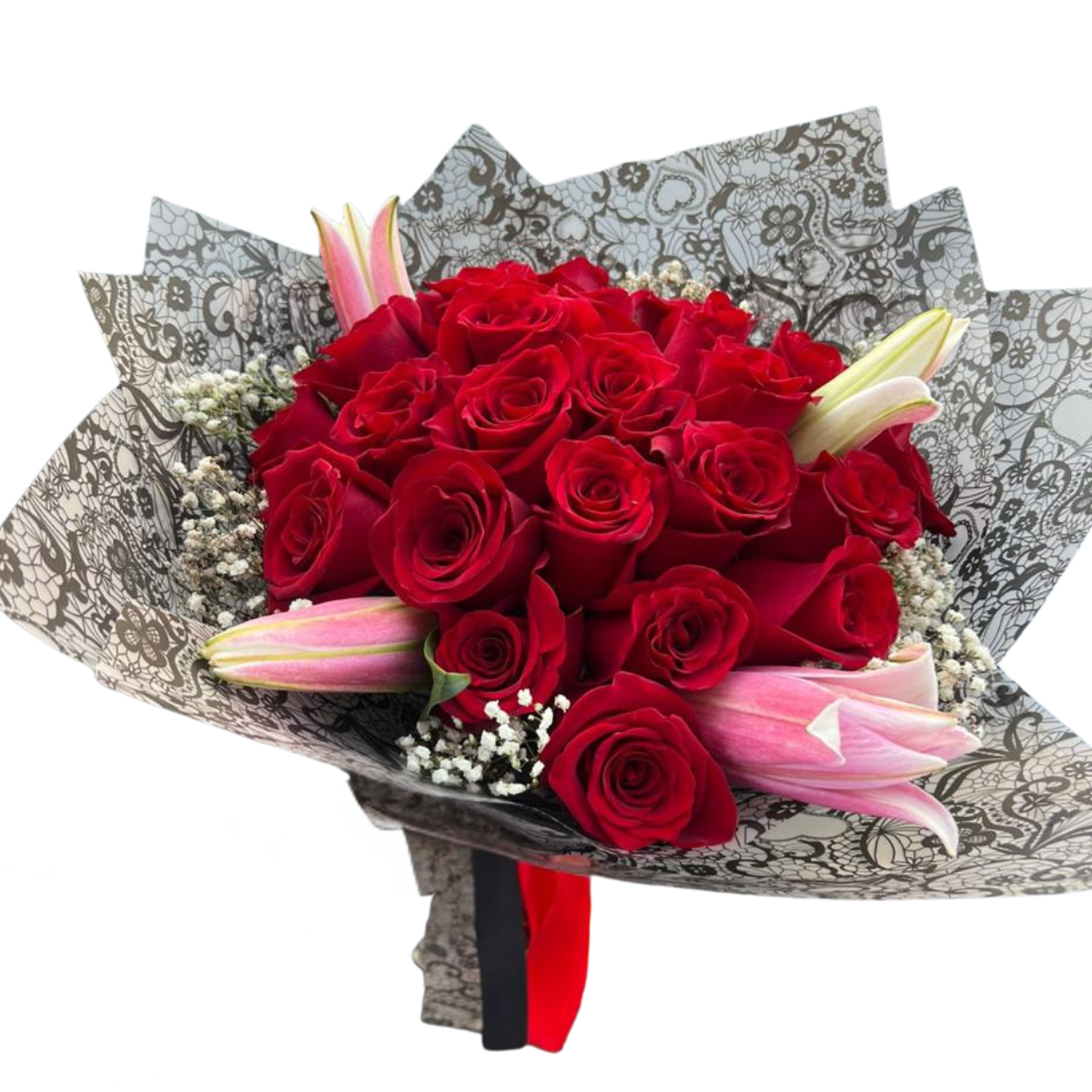 bouquet-de-rosas-rojas-con-lirios-cali Bouquet de rosas rojas con lirios rosados y gypsophila en Cali