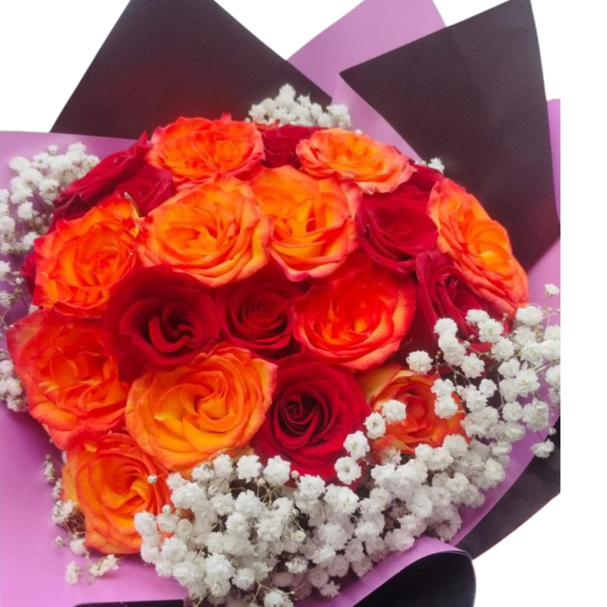 Bouquet de Rosas Rojas y Naranjas con Gypsophila