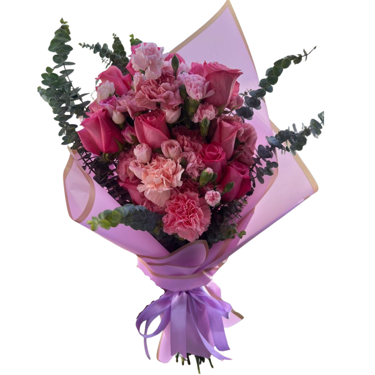 bouquet-de-rosas-rosadas-claveles-cali Bouquet de rosas rosadas con claveles y eucalipto