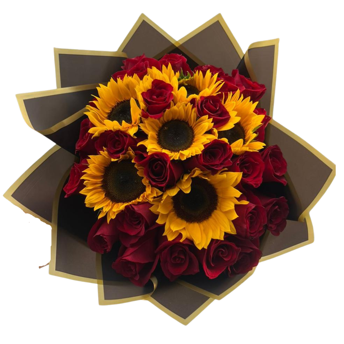 bouquet-de-rosas-y-girasoles Bouquet de rosas rojas y girasoles
