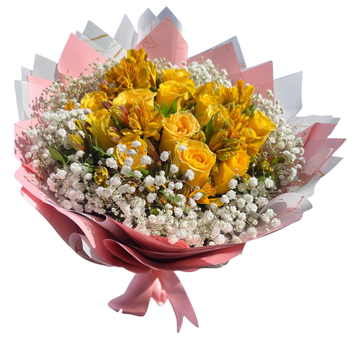 bouquet-rosas-amarillas-flores-blancas Bouquet de rosas amarillas con flores blancas