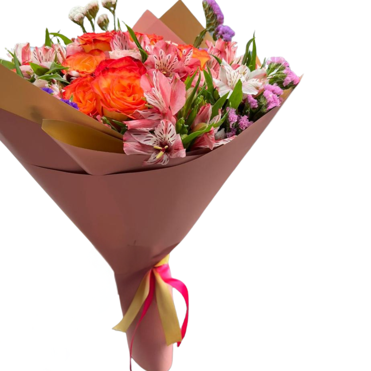 bouquet-rosas-coral-flores-rosadas Bouquet de rosas coral con flores rosadas